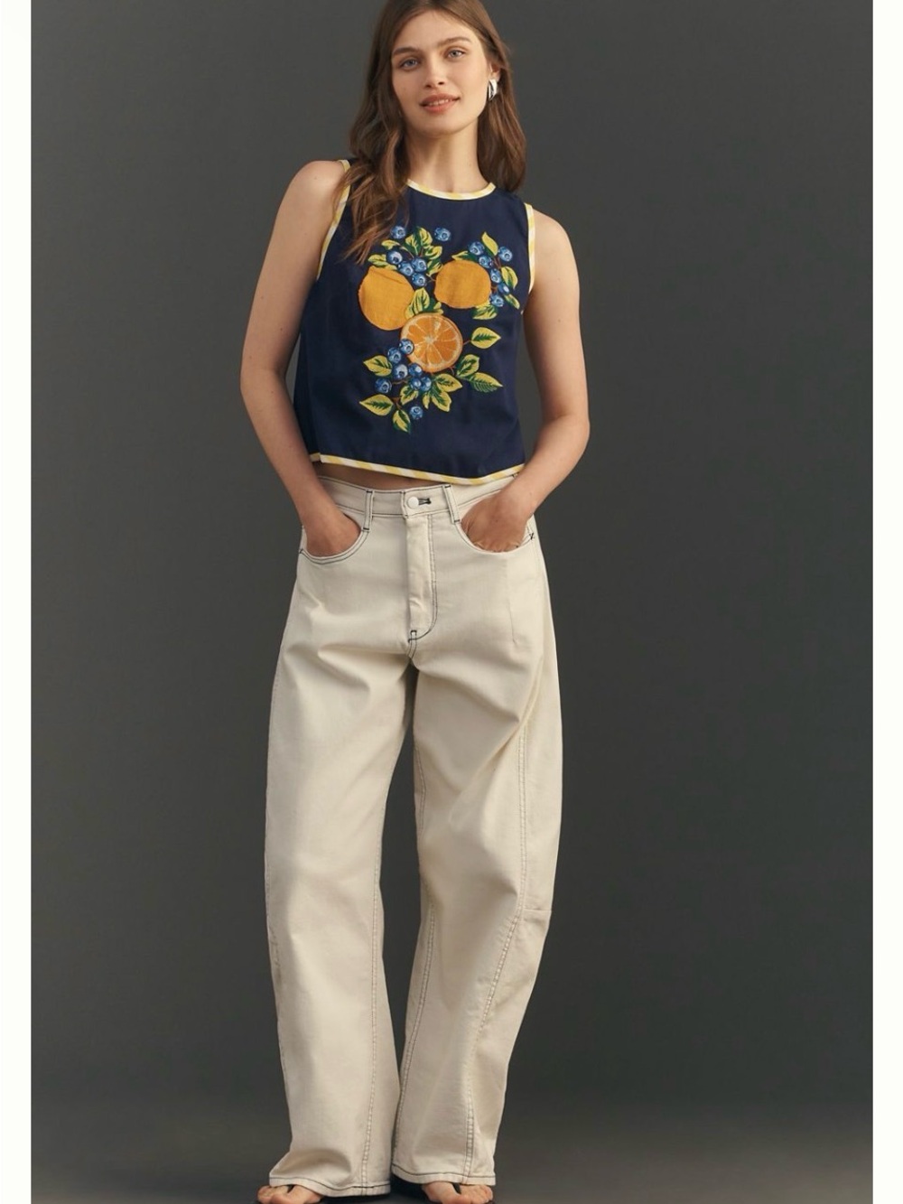 Maeve Navy Tank with Orange & Yellow Fruit Embroidery - Picture 4 of 6